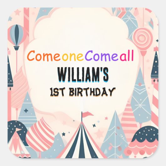 おもしろいかわいいキッズカーニバルサーカスショー1st誕生日 スクエアシール (正面)
