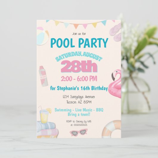 おもしろいかわいいサマープール誕生日パーティーの招待状 招待状 (スタンド正面)