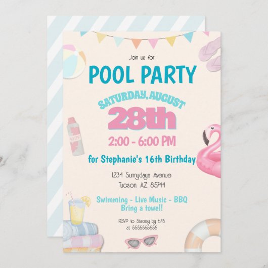 おもしろいかわいいサマープール誕生日パーティーの招待状 招待状 (正面/裏面)