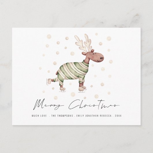 おもしろいかわいいスケートで滑るトナカイのメリークリスマス シーズンポストカード (正面)