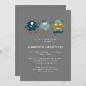 おもしろいかわいいスケートボードモンスター1歳の誕生日パーティー 招待状 (正面/裏面)