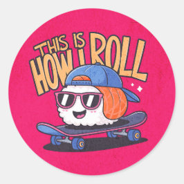 おもしろいかわいいズスケートボード上の寿司 ラウンドシール