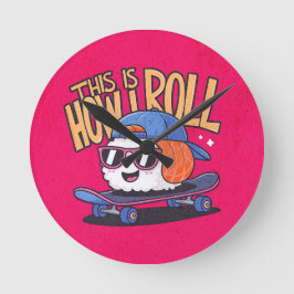 おもしろいかわいいズスケートボード上の寿司 ラウンド壁時計