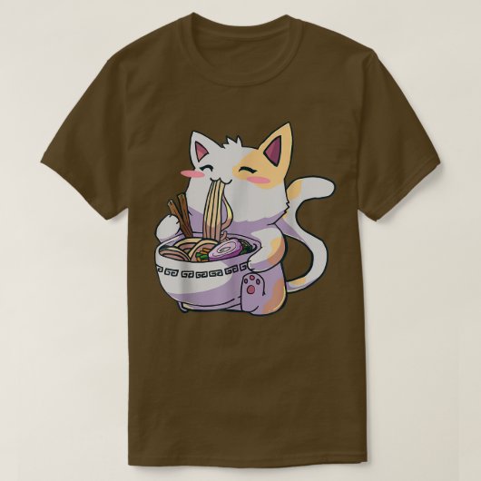 おもしろいかわいいネコ食べーのラーメン日本のアニメ Tシャツ (デザイン正面)