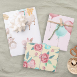 おもしろいかわいいパステルラマバルーンフローラベビーガール ラッピングペーパーシート