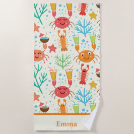 おもしろいかわいいロブスターとカニパーソナライズされたズ ビーチタオル