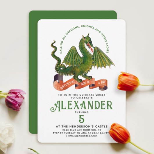 おもしろいかわいい中世グリーンドラゴンナイトクエストキッズ 招待状