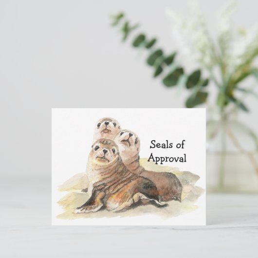 おもしろいかわいい水色のシール「承認のシール」 ポストカード (スタンド正面)