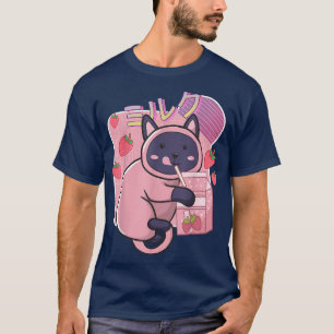 おもしろいかわいい猫いちごミルクシェイク日本のアン Tシャツ
