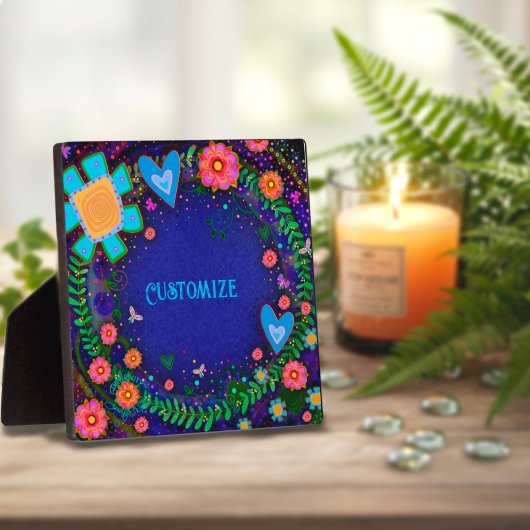 おもしろいかわいらしフローラハートブルーワンワードカスタム フォトプラーク