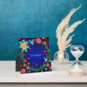 おもしろいかわいらしフローラハートブルーワンワードカスタム フォトプラーク (インサイチュ)