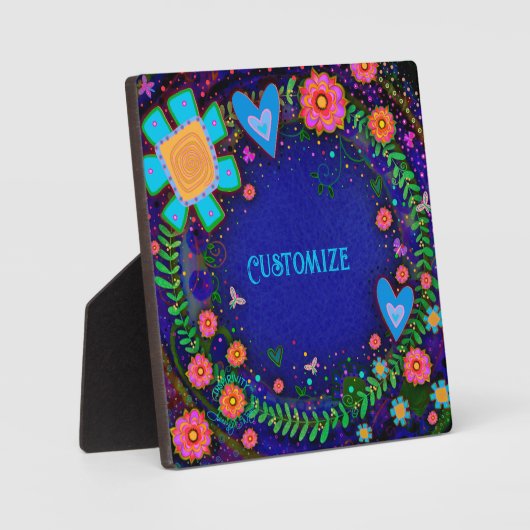 おもしろいかわいらしフローラハートブルーワンワードカスタム フォトプラーク (正面)