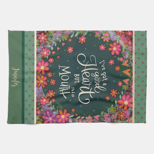 おもしろいかわいらしフローラ名この口ハート引用文 キッチンタオル (横)