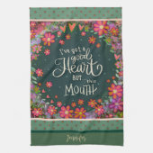 おもしろいかわいらしフローラ名この口ハート引用文 キッチンタオル (縦)