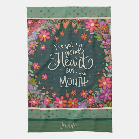 おもしろいかわいらしフローラ名この口ハート引用文 キッチンタオル (縦)