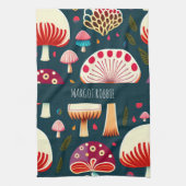 おもしろいきのこ赤い白い水色パターン キッチンタオル (縦)