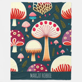 おもしろいきのこ赤い白い水色パターン フリースブランケット