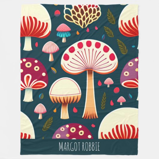 おもしろいきのこ赤い白い水色パターン フリースブランケット (正面)