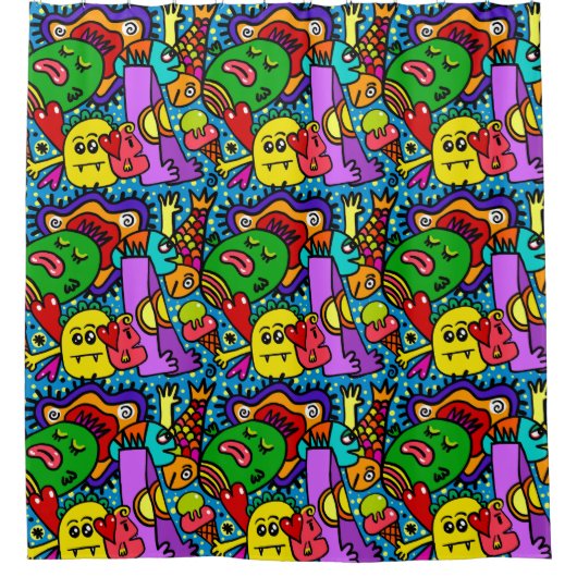 おもしろいすごいキッズドードルクリージャーブルーレッドグリーン シャワーカーテン (正面)