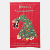 おもしろいつるクリスマスの木の猫 キッチンタオル (縦)