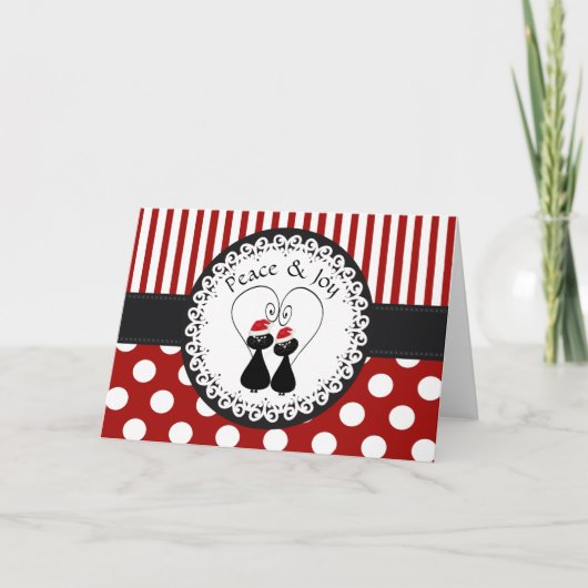 おもしろいでお洒落なクリスマス猫のカップルパターン シーズンカード (正面)