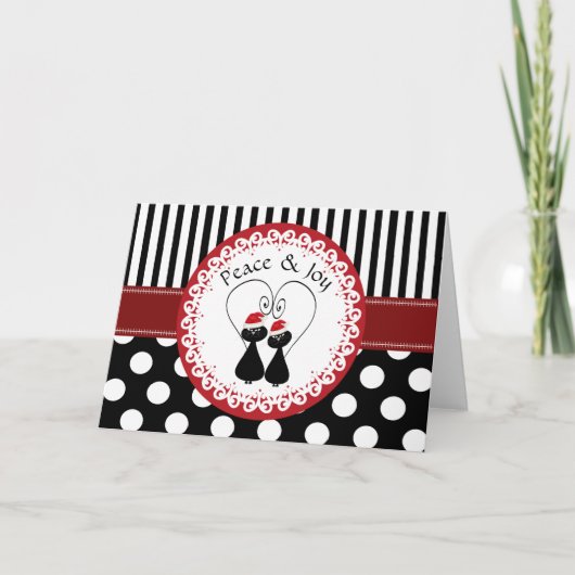 おもしろいでお洒落なクリスマス猫のカップルパターン シーズンカード (正面)