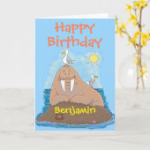 おもしろいで幸せなセイウチの漫画のillustationの漫画 カード (黄色い花)