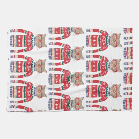 おもしろいで醜いクリスマスのセーター、切られた猫好き キッチンタオル (横)