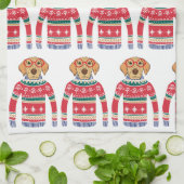 おもしろいで醜いクリスマスのセーター、犬の身に着けているガラス キッチンタオル (折り畳み)