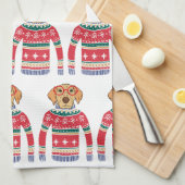 おもしろいで醜いクリスマスのセーター、犬の身に着けているガラス キッチンタオル (四つ折り)