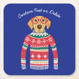 おもしろいで醜いクリスマスのセーター、犬の身に着けているガラス スクエアペーパーコースター