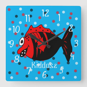 おもしろいで、かわいく黒くおよび赤いファンタジーの魚 スクエア壁時計