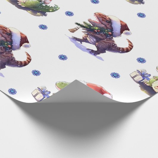 おもしろいとファンキークリスマス恐竜オンホワイト ラッピングペーパー (角)