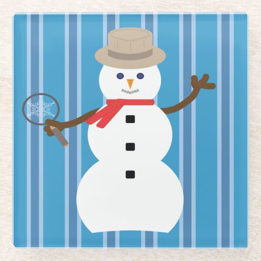 おもしろいとファンシーブルー雪だるま刑事 ガラスコースター (正面)