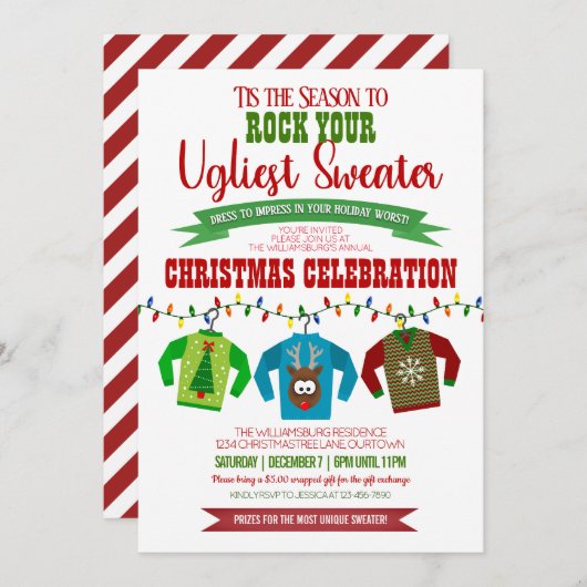 おもしろいとフェスティバル醜いクリスマスセーターパーティー 招待状 (正面/裏面)