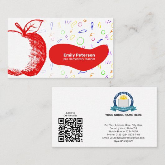 おもしろいとフレンドリー先生レッドアップルスケッチ手描き 名刺 (正面/裏面)