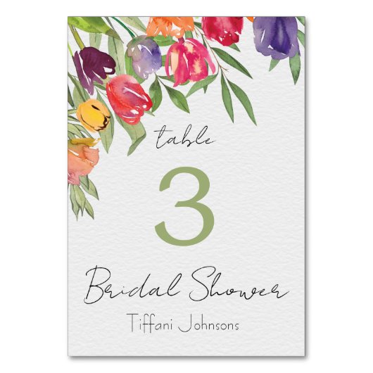 おもしろいとブライトチューリップと緑ブライダルシャワー テーブルナンバー (正面)