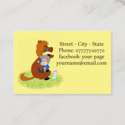 おもしろいと可愛いポニーとベビー – ベビーシッター 名刺 (裏面)