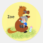 おもしろいと可愛いポニーとベビー – 子供 ラウンドシール (正面)