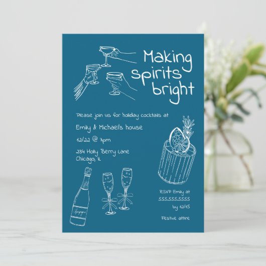 おもしろいと手モダン引きブルーとホワイトクリスマスパーティー 招待状 (スタンド正面)