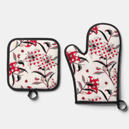 おもしろいと水玉模様のユリストライプ花 鍋つかみ&鍋敷きセット