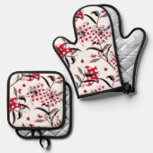 おもしろいと水玉模様のユリストライプ花 鍋つかみ&鍋敷きセット (正面/裏面)