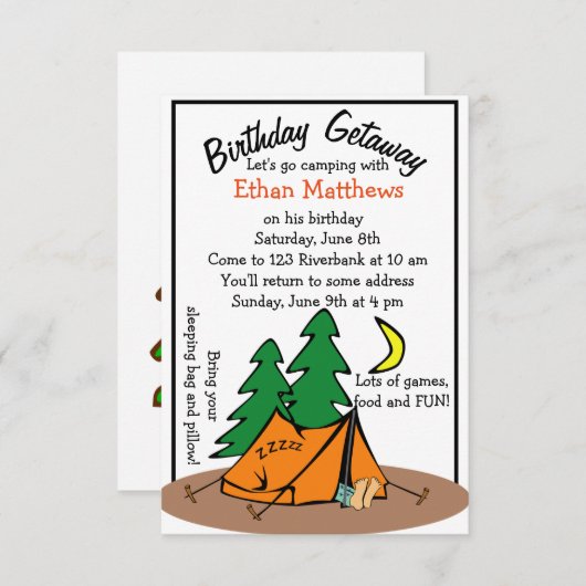 おもしろいなかわいいバースデーパーティ招待状キャンプします 招待状 (正面/裏面)