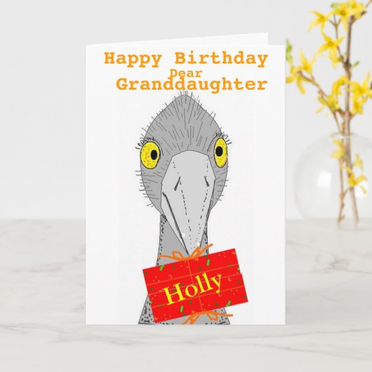 おもしろいなだちょう、孫娘は、名前、誕生日を加えます カード (黄色い花)