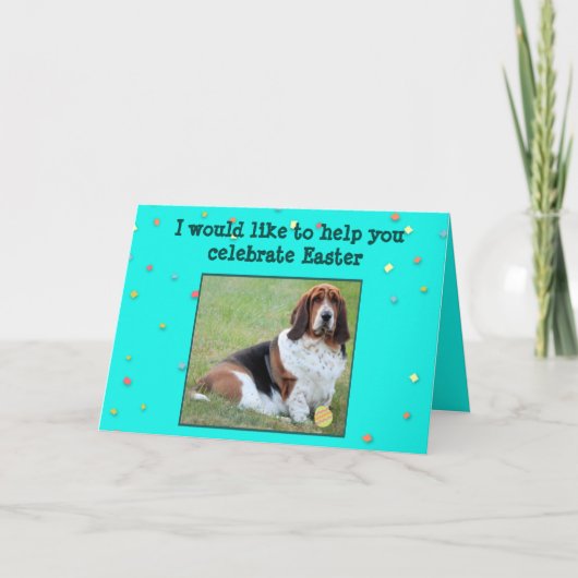 おもしろいなイースターカードw/Basset猟犬、バスケット、及びキャンデー シーズンカード (正面)