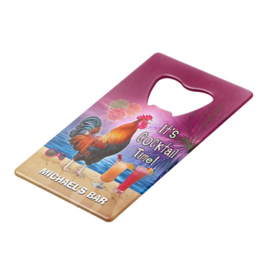 おもしろいなオンドリの鶏のカクテルの熱帯ビーチの名前 クレジットカード栓抜き (正面アングル)