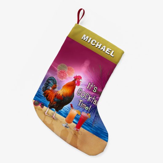 おもしろいなオンドリの鶏のカクテルの熱帯ビーチの名前 スモールクリスマスストッキング (正面 (吊り時))