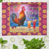 おもしろいなオンドリの鶏のカクテルの熱帯ビーチの海 キッチンタオル (折り畳み)