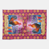 おもしろいなオンドリの鶏のカクテルの熱帯ビーチの海 キッチンタオル (横)