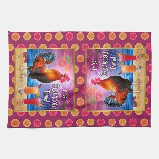 おもしろいなオンドリの鶏のカクテルの熱帯ビーチの海 キッチンタオル (横)